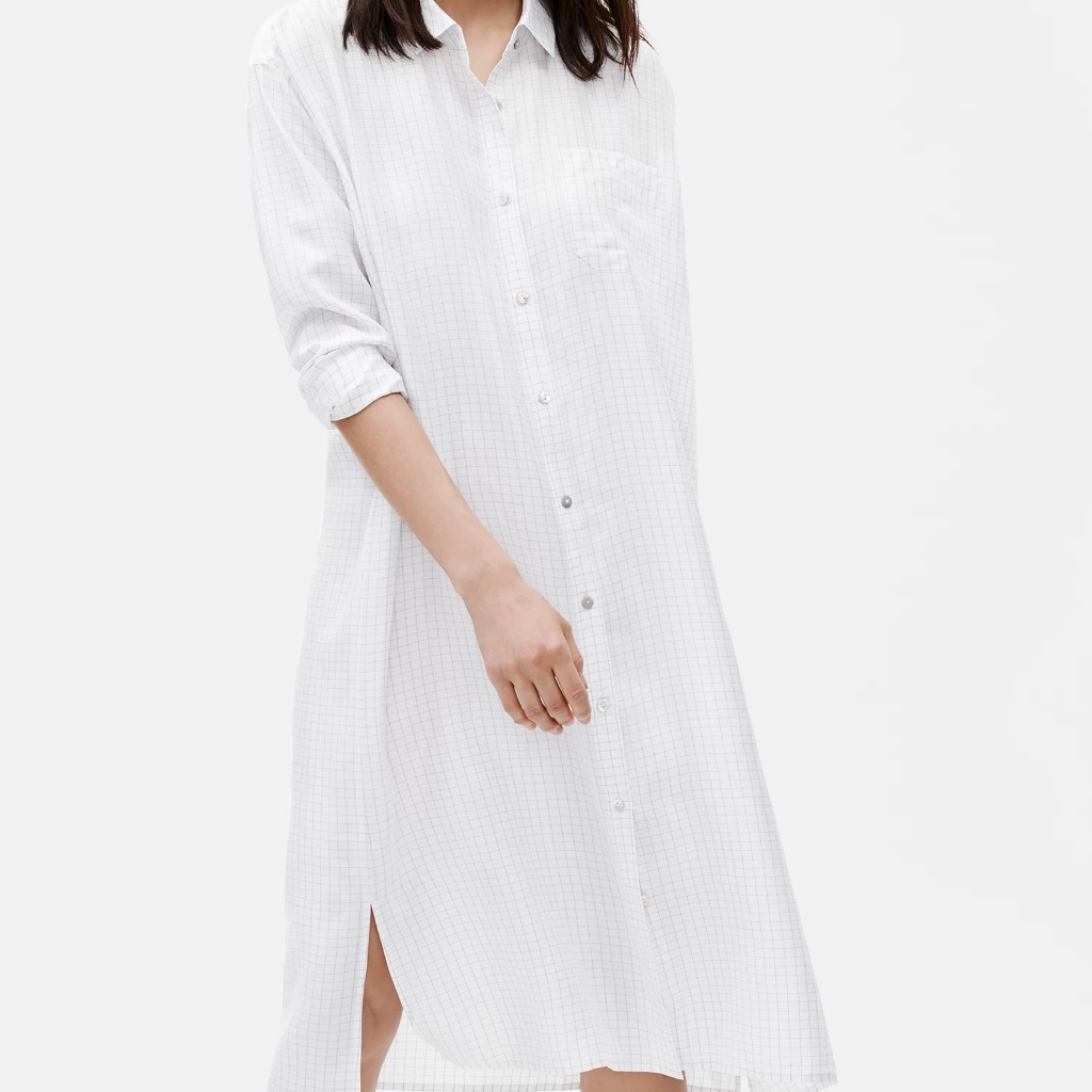Eileen Fisher Silk Habutai Check Print Shirt Dress In White Size Medium M